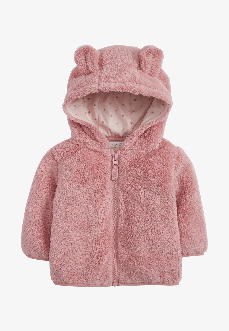 Roze fleecejack met een capuchon met berenoren. Rits sluiting en een zachte voering met sterpatroon. Getextureerde, pluche stof. Lange mouwen.