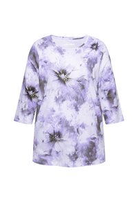 Top a maniche lunghe con motivo floreale in viola e grigio, con scollo rotondo e decorazioni al centro di alcuni fiori.
