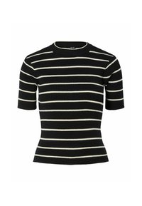 Crni rebrasti kratki džemper s bijelim horizontalnim prugama. Okrugli izrez, uski kroj i teksturirana tkanina.