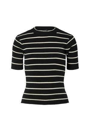 Crni rebrasti kratki džemper s bijelim horizontalnim prugama. Okrugli izrez, uski kroj i teksturirana tkanina.