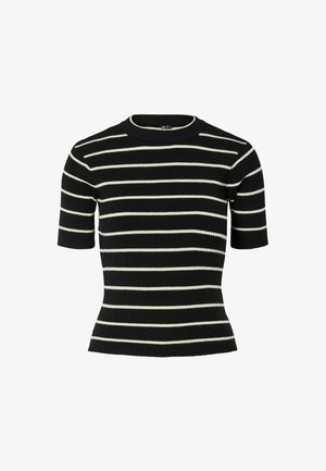Crni rebrasti kratki džemper s bijelim horizontalnim prugama. Okrugli izrez, uski kroj i teksturirana tkanina.