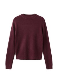 Pulover tricotat cu mânecă lung�ă și guler rotund, de culoare burgundă închisă, cu manșete și tiv cu nervuri, prezentat pe un fundal alb.
