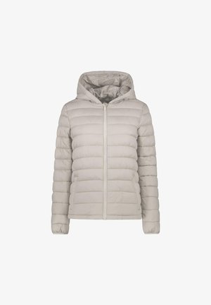 Lichte, gewatteerde jassen met capuchon in een zachte grijze kleur. Beschikt over een horizontaal gewatteerd ontwerp, volledige ritsluiting en zijzakken.