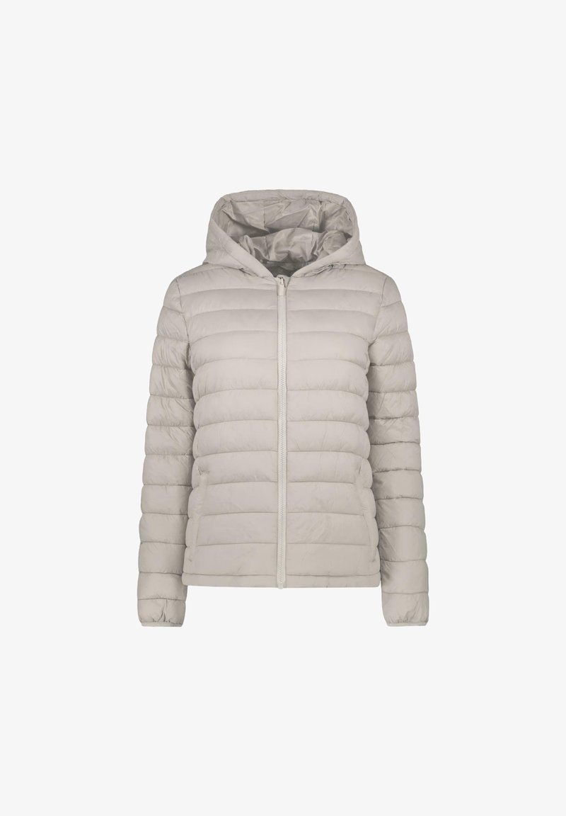 Lichte, gewatteerde jassen met capuchon in een zachte grijze kleur. Beschikt over een horizontaal gewatteerd ontwerp, volledige ritsluiting en zijzakken.