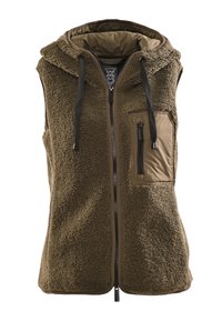 Chaleco de forro polar de color verde oliva con capucha, cierre de cremallera y un bolsillo delantero. Presenta una superficie texturizada y detalles en color marrón contrastante.