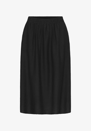 Jupe noire ample avec taille élastique, de longueur genou, en tissu lisse et légèrement texturé, sans motifs ni accents.