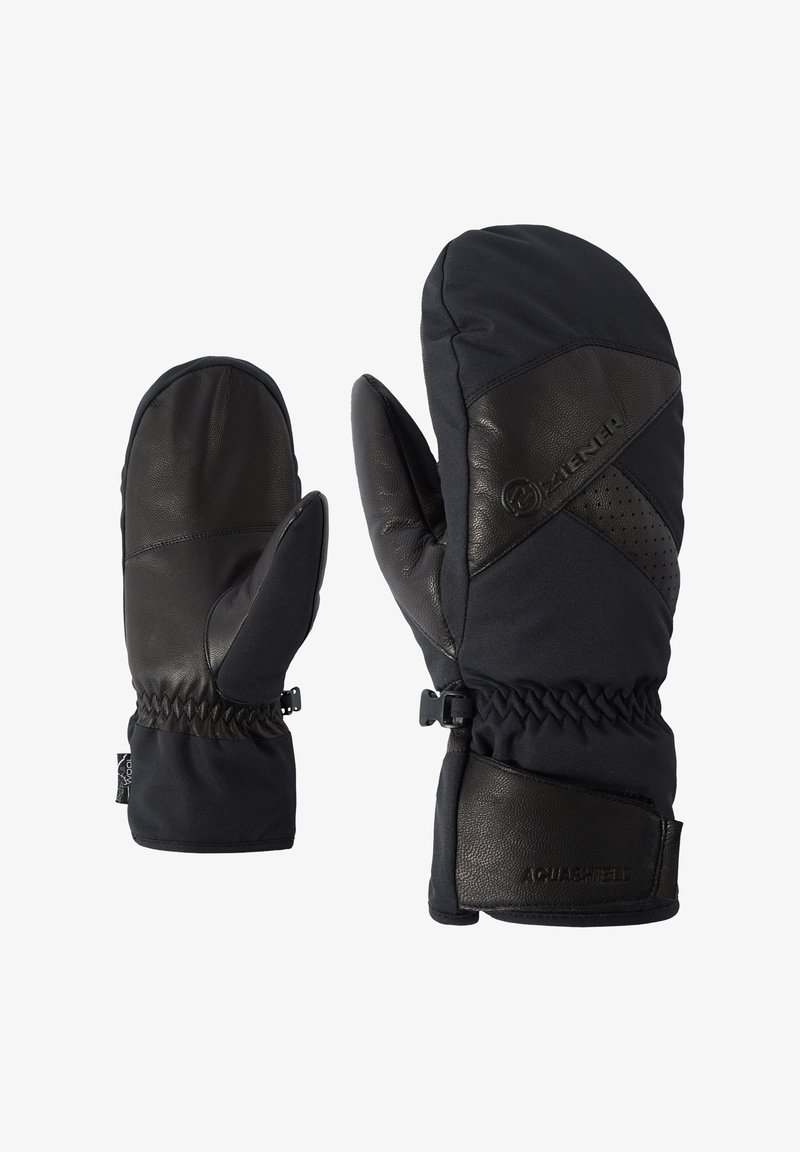 Schwarze, isolierte Fäustlinge aus wasserabweisendem Material mit Lederakzenten. Mit elastischen Bündchen und einem Logodetail im Handgelenkbereich.