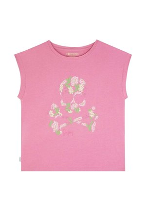 Roze mouwloos T-shirt met een bloemige schedel en gekruiste beenderen in wit, roze en groen op de voorkant.