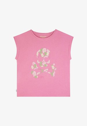 T-shirt sans manches rose avec un motif de crâne et os croisés floral en blanc, rose et vert sur le devant.