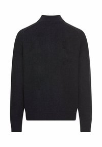 Strickpullover in dunkelnavy mit gerippter Textur, ausgestattet mit einem hohen Kragen und langen Ärmeln, entworfen in einer simplen, eleganten Silhouette.