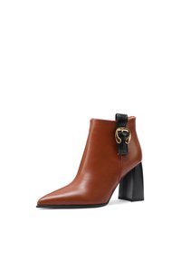 Stivale alla caviglia in pelle marrone con punta affilata, cinturino nero con finiture dorate e un tacco spesso nero. Texture liscia e design elegante.