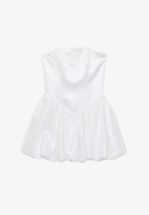Trägerloses weißes Satin-Minikleid mit figurnahem Oberteil und voluminösem, gerafftem Rock, das eine strukturierte und elegante Silhouette schafft.