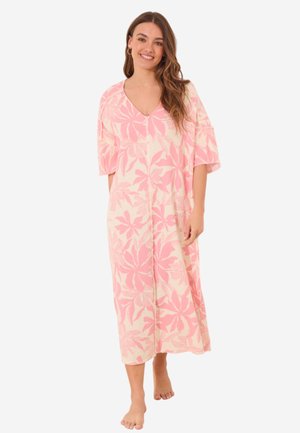 Floral-patterned cotton kimono dress in pink and cream, featuring a V-neck, short sleeves, and a loose, long fit with side slits.