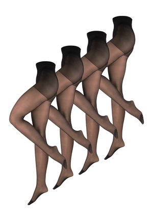 Cinq paires de collants noirs transparents disposées en diagonale, une jambe pliée au genou et l'autre tendue.