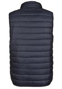 Gilet imbottito blu navy con colletto alto, texture trapuntata e cuciture orizzontali. Nessun tipo di chiusura o dettaglio visibile sulla parte posteriore.