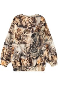 Sudadera con un estampado integral de varios gatos en colores marrón, gris y crema; cuello redondo y puños de canalé.