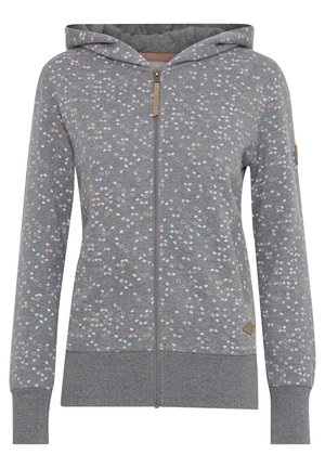 Grå zip-up hoodie med ett spräckligt mönster i rosa och ljusblå prickar, med foder i huvan och ribbade ärmslut och nederkant.