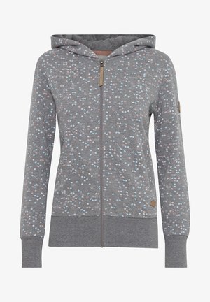 Grijze zip-up hoodie met een gespikkeld patroon in roze en lichtblauwe stippen, met een gevoerde capuchon en geribde manchetten en onderrand.