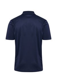 Mörkblå polo skjorta med kort ärm, tillverkad av mjukt, lättviktigt tyg. Har en klassisk krage och en ren, enkel baksida.