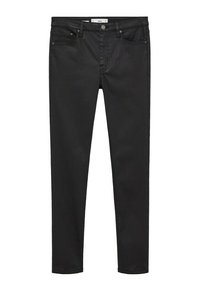 Jeans skinny de mezclilla negra con una textura suave, cinco bolsillos y herrajes metálicos. Presenta un cierre de botón y presillas para cinturón.