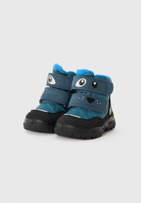 Bottes pour enfants avec une tige bleu canard foncé, une semelle extérieure en caoutchouc noire et une doublure en polaire bleue. Comprend deux sangles en velcro ajustables et des yeux d'animaux ludiques.