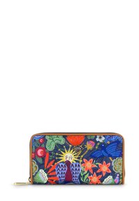 Ritsportemonnee met een blauwe stoffen buitenkant, versierd met levendige bloemen- en vogelpatronen, gouden accenten en een bruine leren afwerking.