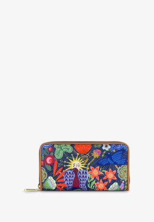 Ritsportemonnee met een blauwe stoffen buitenkant, versierd met levendige bloemen- en vogelpatronen, gouden accenten en een bruine leren afwerking.