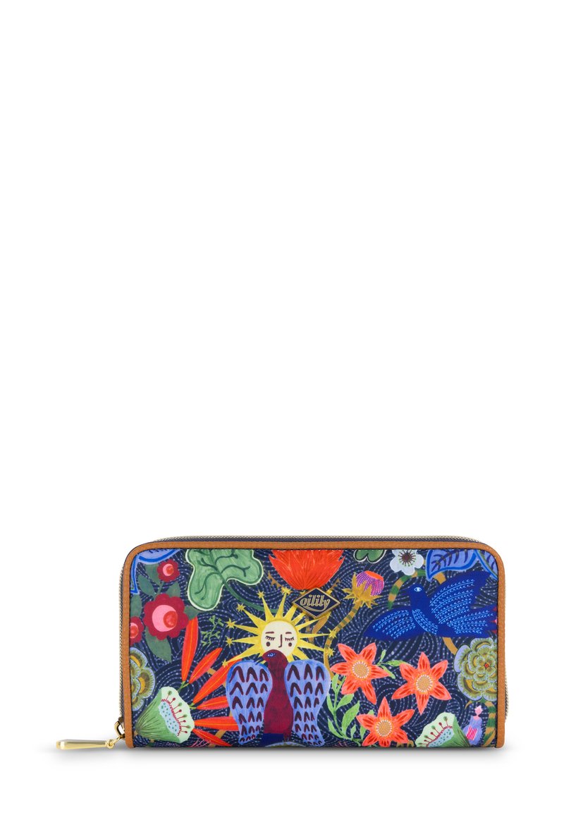 Ritsportemonnee met een blauwe stoffen buitenkant, versierd met levendige bloemen- en vogelpatronen, gouden accenten en een bruine leren afwerking.