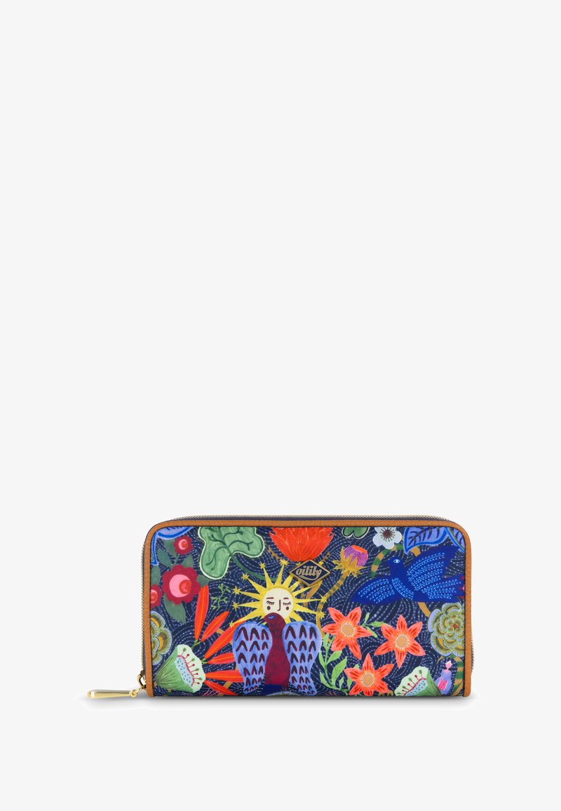 Ritsportemonnee met een blauwe stoffen buitenkant, versierd met levendige bloemen- en vogelpatronen, gouden accenten en een bruine leren afwerking.