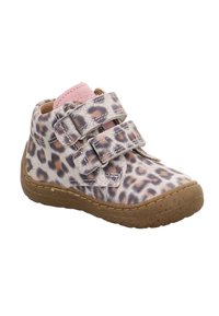Leopardenmuster-Hochtopfschuh mit zwei Klettverschlüssen, hellrosa Akzenten und einer Gummisohle. Das Obermaterial besteht aus einem weichen, strukturierten Material.