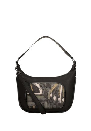 Borsa a tracolla nera con tracolla regolabile e tasca frontale con design architettonico e logo "Anekke".