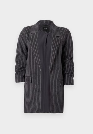 Donkergrijs colbert met witte streepjes, met notch-lapels, lange mouwen en twee voorkeurszakken; textuurstof met een zachte afwerking.