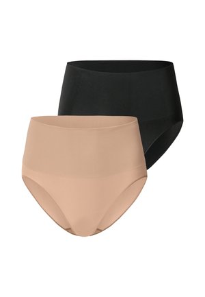 Zwei Paare nahtloser Unterwäsche mit hoher Taille, eines in Beige und eines in Schwarz, vor weißem Hintergrund gezeigt.