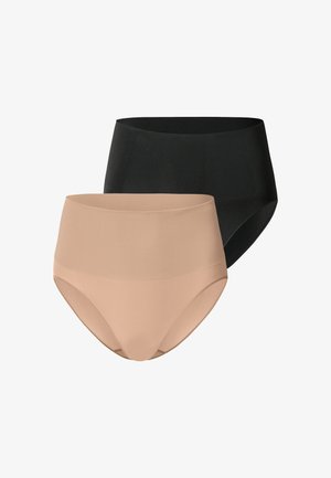 Zwei Paare nahtloser Unterwäsche mit hoher Taille, eines in Beige und eines in Schwarz, vor weißem Hintergrund gezeigt.