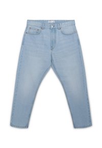 Jeans in denim blu chiaro con taglio dritto, cinque tasche e cuciture a contrasto. Presentano una chiusura con bottone e cerniera.