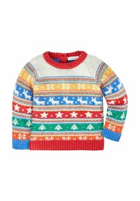 Pulover cu guler rotund, realizat din material tricotat. Are un model de sărbătoare multicolor cu reni, stele și forme geometrice.