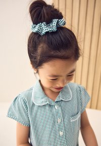 Blauw-wit geruit overhemd met korte mouwen, een kraag en een zak, gecombineerd met een gerimpelde groene geruite scrunchie in donker haar.