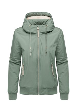 Ljusgrön zip-up-jacka med huva, med en slät yta, ribbade ärmslut och nederkant, samt två sidofickor med dragkedja. Fodrad insidan.