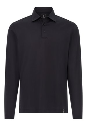 Camisa polo negra de manga larga hecha de algodón plano. Presenta un cuello, una tapeta de tres botones y un pequeño logo en el dobladillo.