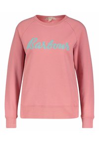 Różowa bluza z okrągłym dekoltem i rękawami raglanowymi. Na przodzie widnieje haft "Barbour" w kolorze akwamarynowym. Wykonana z miękkiej bawełny.