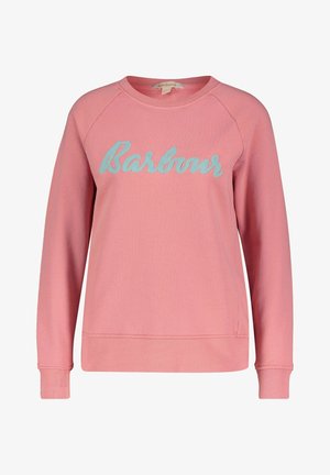 Růžový svetr s kulatým výstřihem a raglánovými rukávy. Na přední straně je vyšitý nápis "Barbour" v akvamarínové barvě. Měkká bavlněná tkanina.