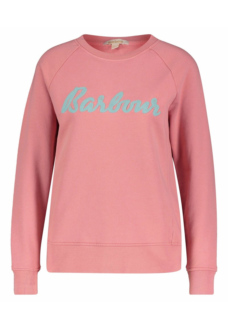 Różowa bluza z okrągłym dekoltem i rękawami raglanowymi. Na przodzie widnieje haft "Barbour" w kolorze akwamarynowym. Wykonana z miękkiej bawełny.