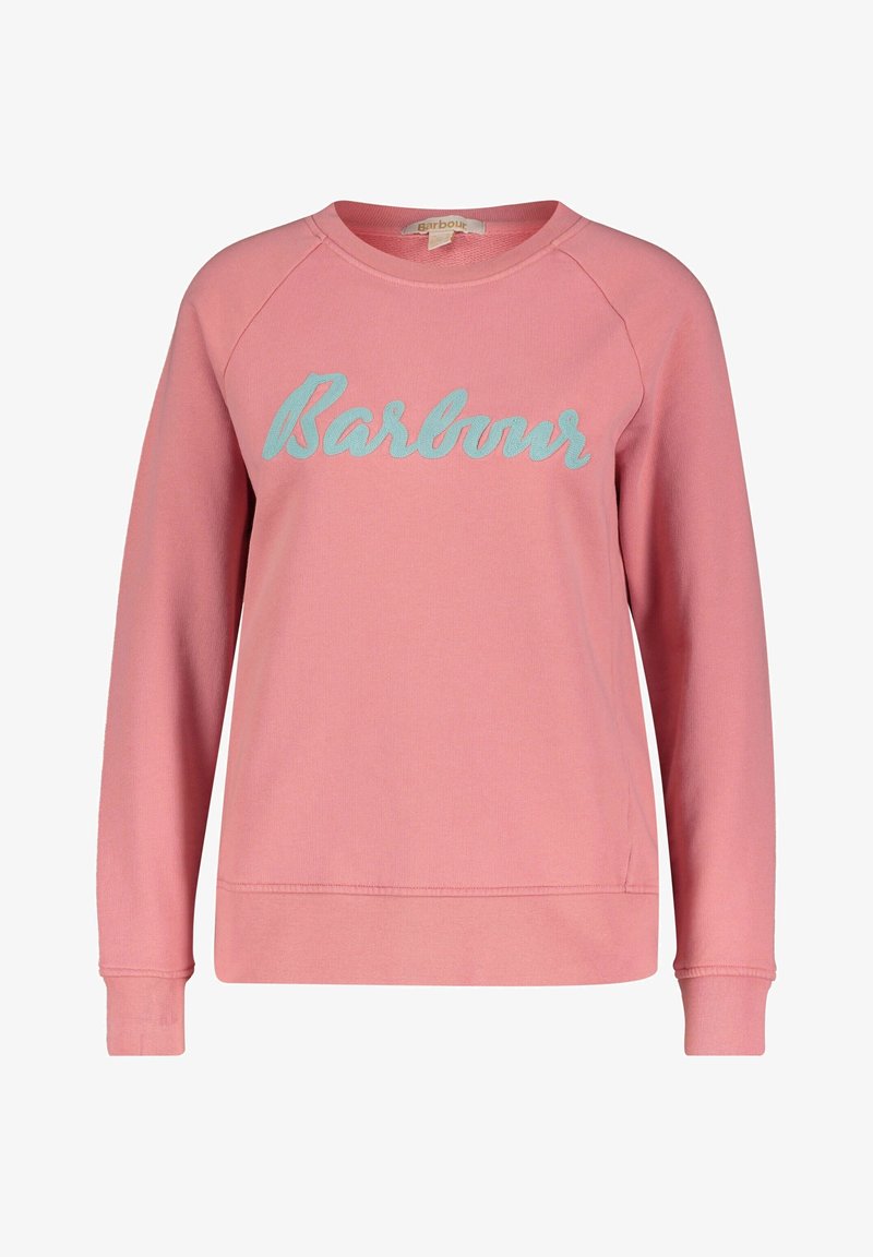 Różowa bluza z okrągłym dekoltem i rękawami raglanowymi. Na przodzie widnieje haft "Barbour" w kolorze akwamarynowym. Wykonana z miękkiej bawełny.