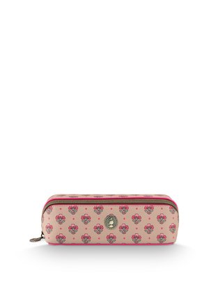 Rectangular pink pencil case with small floral pattern and decorative emblem, featuring a zipper closure on top.