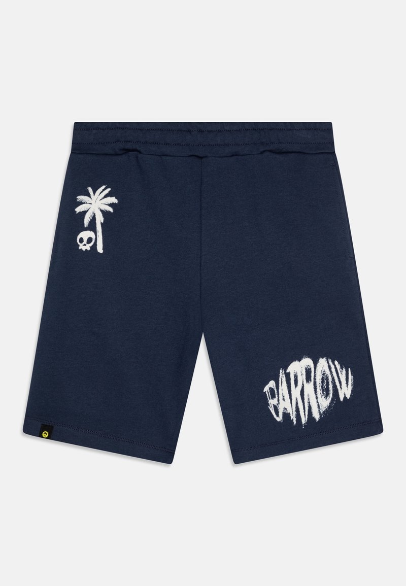 Shorts bleu marine en mélange de coton, avec un motif blanc de palmier et de crâne sur la gauche et le texte "BARROW" en blanc sur la droite.