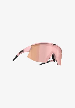 Sport-Sonnenbrille mit einem pinken Rahmen und integriertem Glas, schwarzen Akzenten und verstellbaren Nasenpads für einen sicheren Sitz.