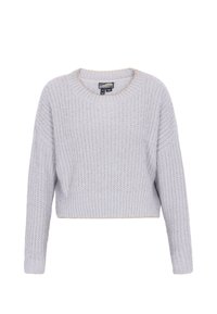 Jasnoszary, krótki sweter z teksturowanym wzorem, ściągaczem na dole i okrągłym dekoltem. Posiada subtelną złotą nicię akcentującą wzdłuż dekoltu.