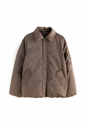 Brown padded jacket featuring a collared design, snap button closures, two front pockets, and a zipper pocket on the sleeve. Soft texture.