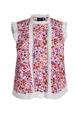 Ærmeløs bluse med blomsterprint i lilla, rød og pink, hvid kniplingsblonde på krave, ærmer, forside og kant.
