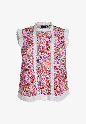 Ærmeløs bluse med blomsterprint i lilla, rød og pink, hvid kniplingsblonde på krave, ærmer, forside og kant.